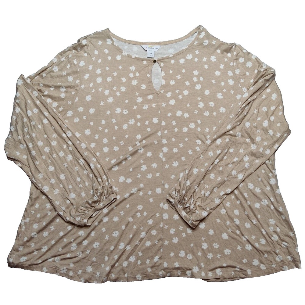 Liz Claiborne Women Plus 3X Tan Ivory FLORAL GEO KEY HOLE Long Sleeve Blouse NEW